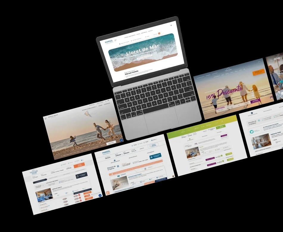 una mujer sonríe mientras usa una computadora portátil con la página web oficial en la pantalla