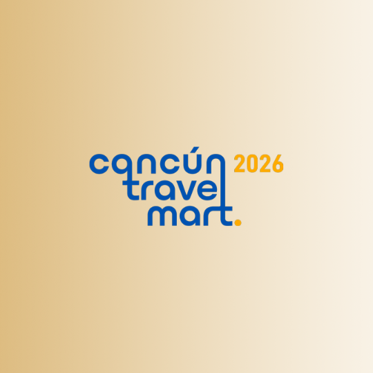a blue and orange logo for cancun travel mart