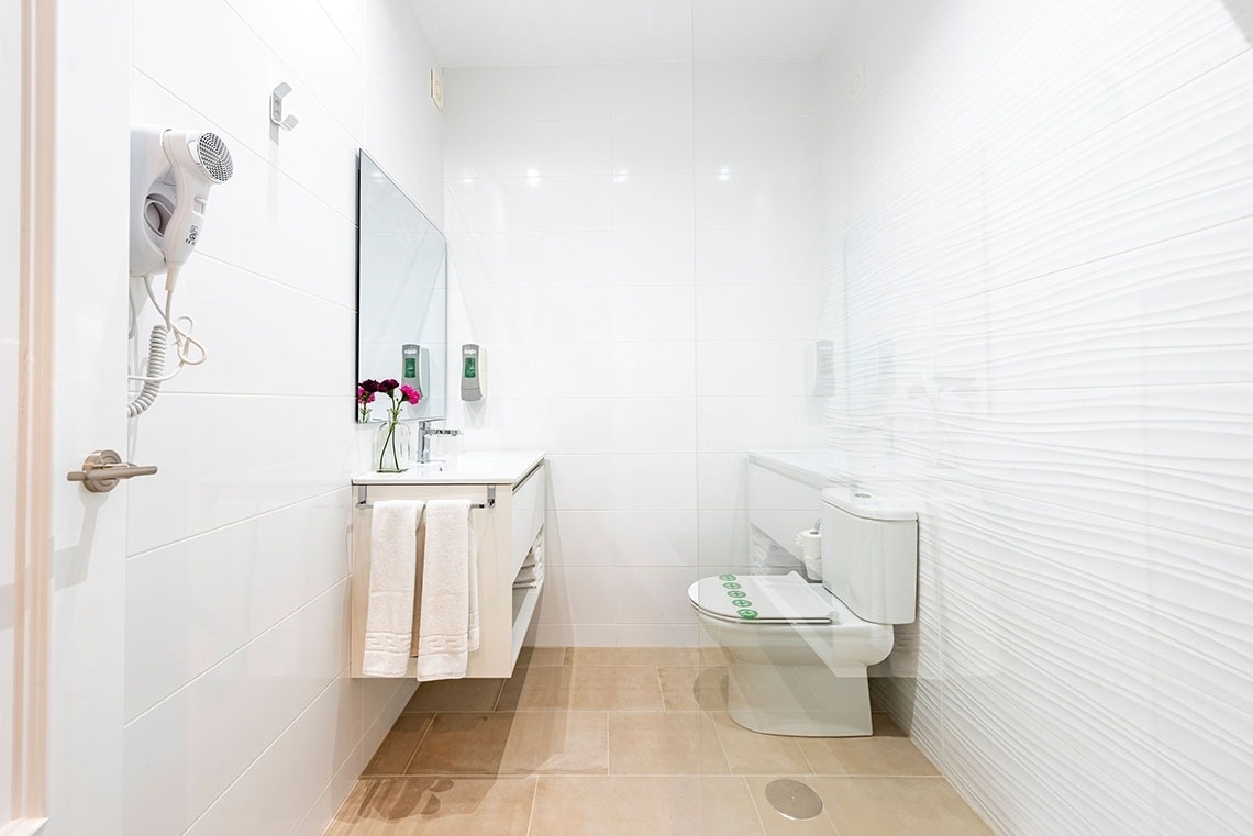 a bathroom with a toilet a sink and a hair dryer