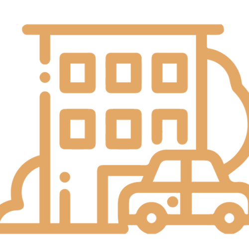 ein Symbol eines Gebäudes mit einem Auto davor