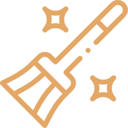 ein orangefarbenes Symbol mit einem Besen und zwei Sternen darauf