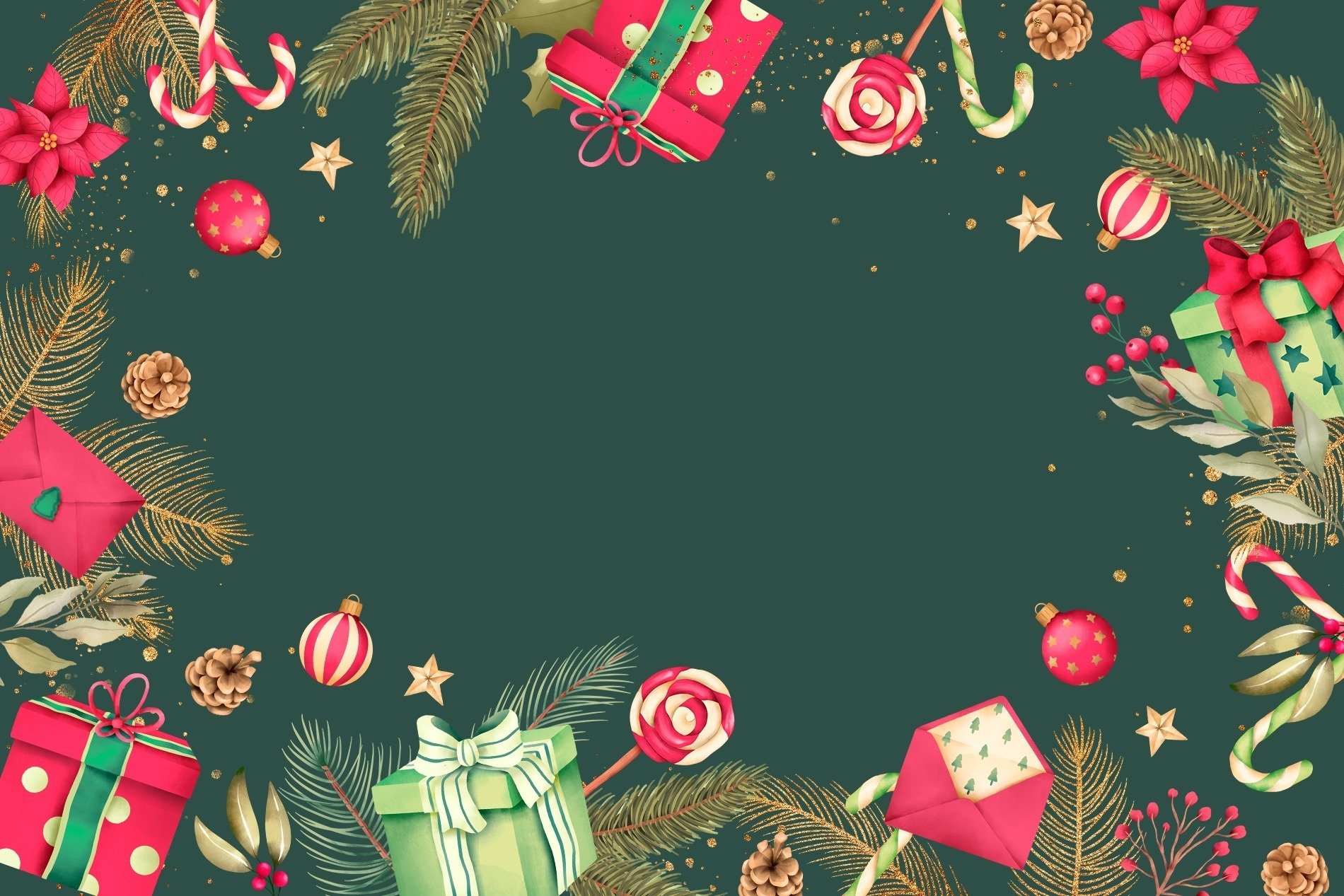 un fondo verde con regalos de navidad y bastones de caramelo