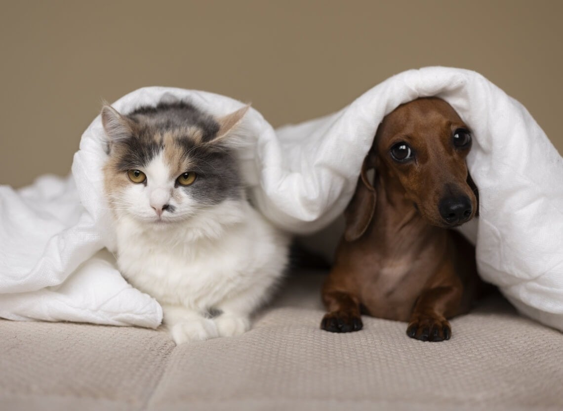 un gato y un perro se esconden debajo de una manta blanca