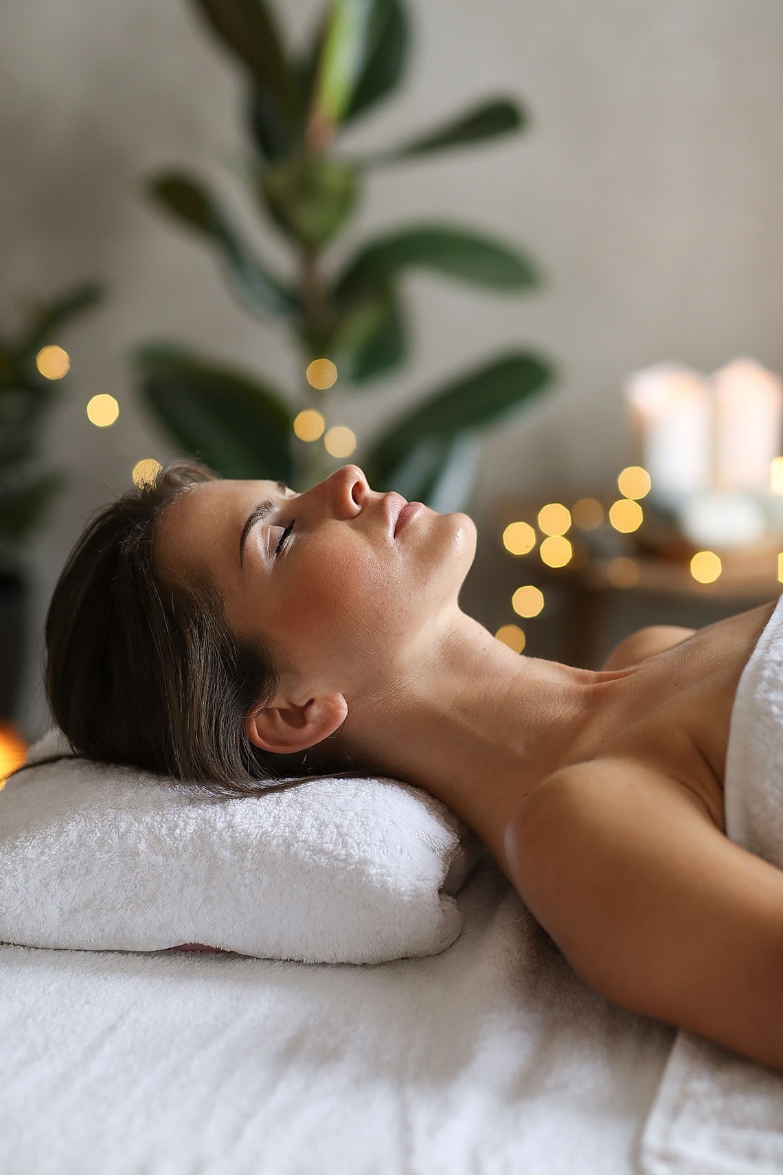 a woman laying on a massage table with her eyes closed