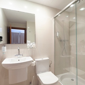 un baño con inodoro , lavabo y ducha de vidrio