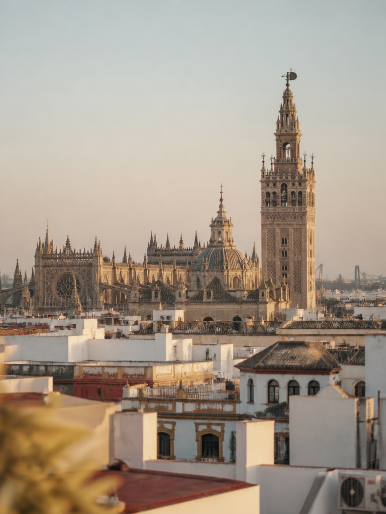 Balcón con sillas y una torre en el fondo. U-Sense Sevilla Santa Cruz