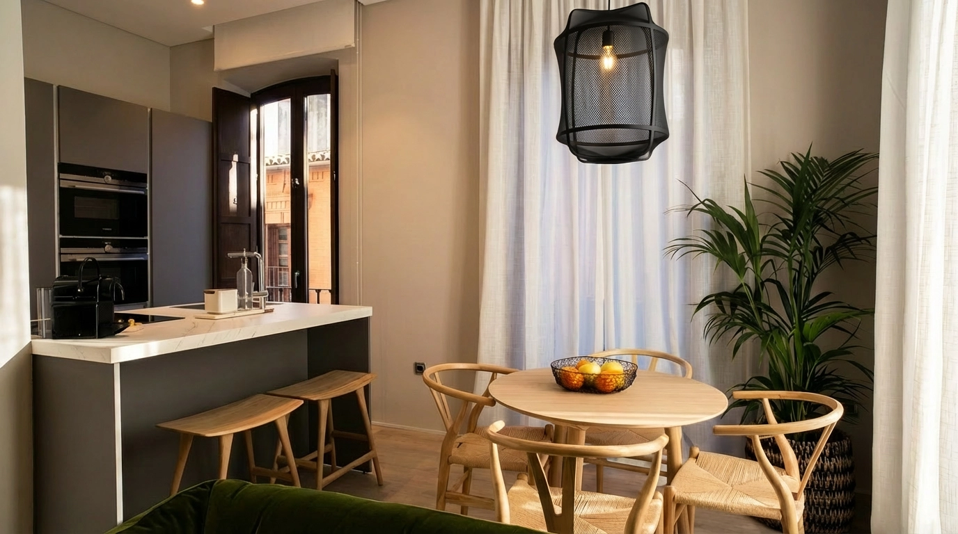 Dormitorio acogedor con cama de ropa blanca y manta gris, complementado con una lámpara de pared y un gran espejo arqueado con marco negro. U-Sense Granada Catedral