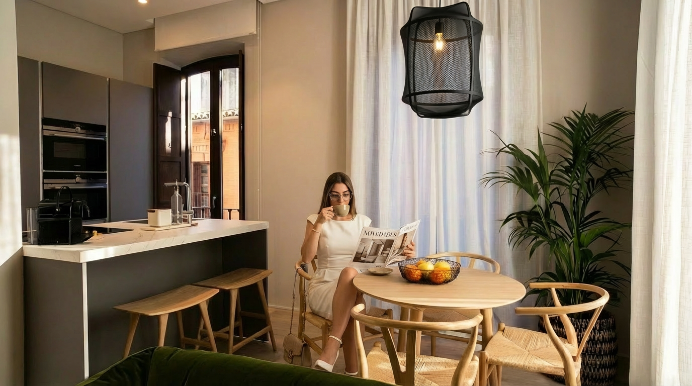 Mujer en mesa de comedor moderna bebiendo café y leyendo periódico. U-Sense