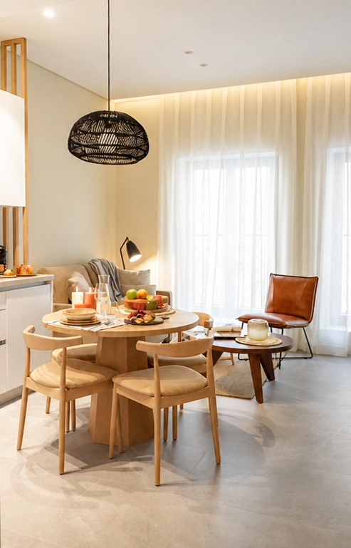 Dormitorio acogedor con cabecero de madera, cama vestida con ropa blanca y tonos neutros, cojines estampados y detalle de flores rojas sobre la manta. U-Sense Sevilla Catedral