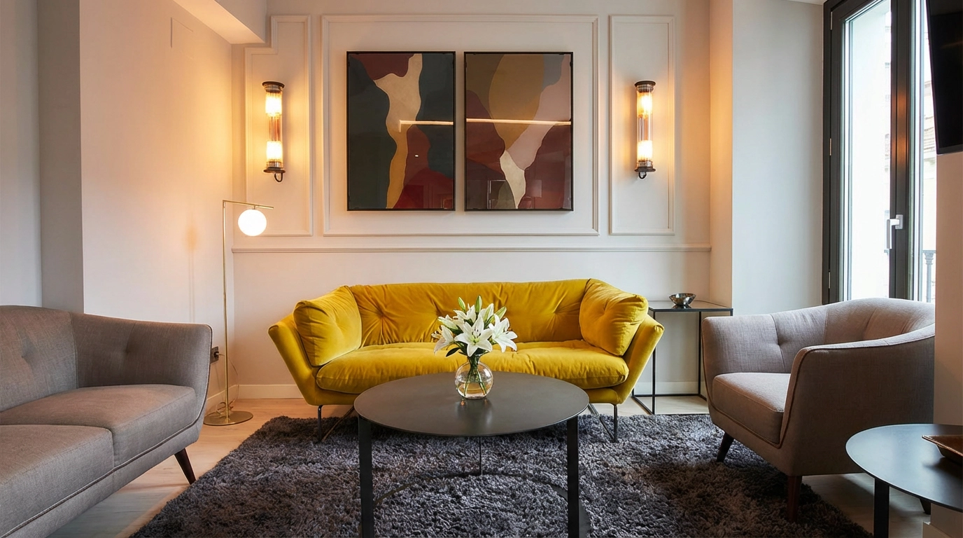 Sofá amarillo y sillones grises en sala de estar elegante con U-Sense.