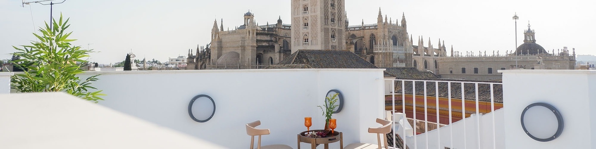 a balcony with a view of a large building