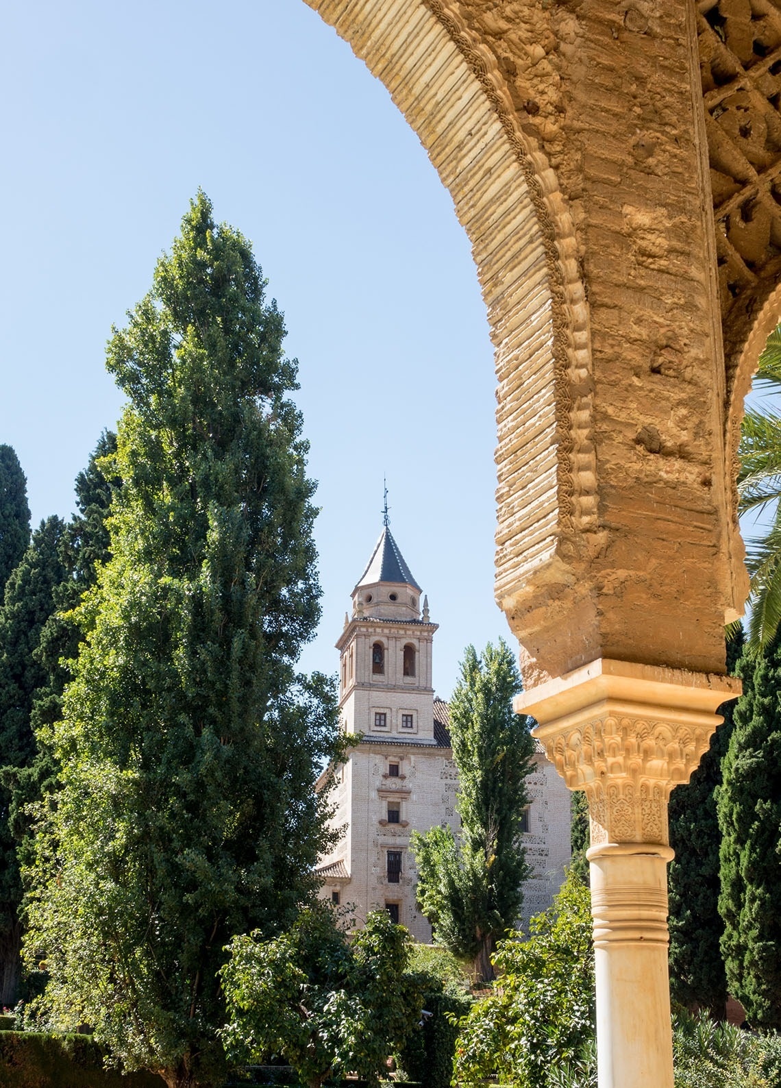 a building with a bell tower is behind a stone archway