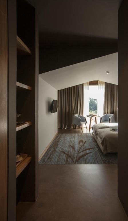 Interior de una habitación moderna con cama, zona de estar junto a un gran ventanal y una alfombra estampada, vista desde un umbral con estantes.