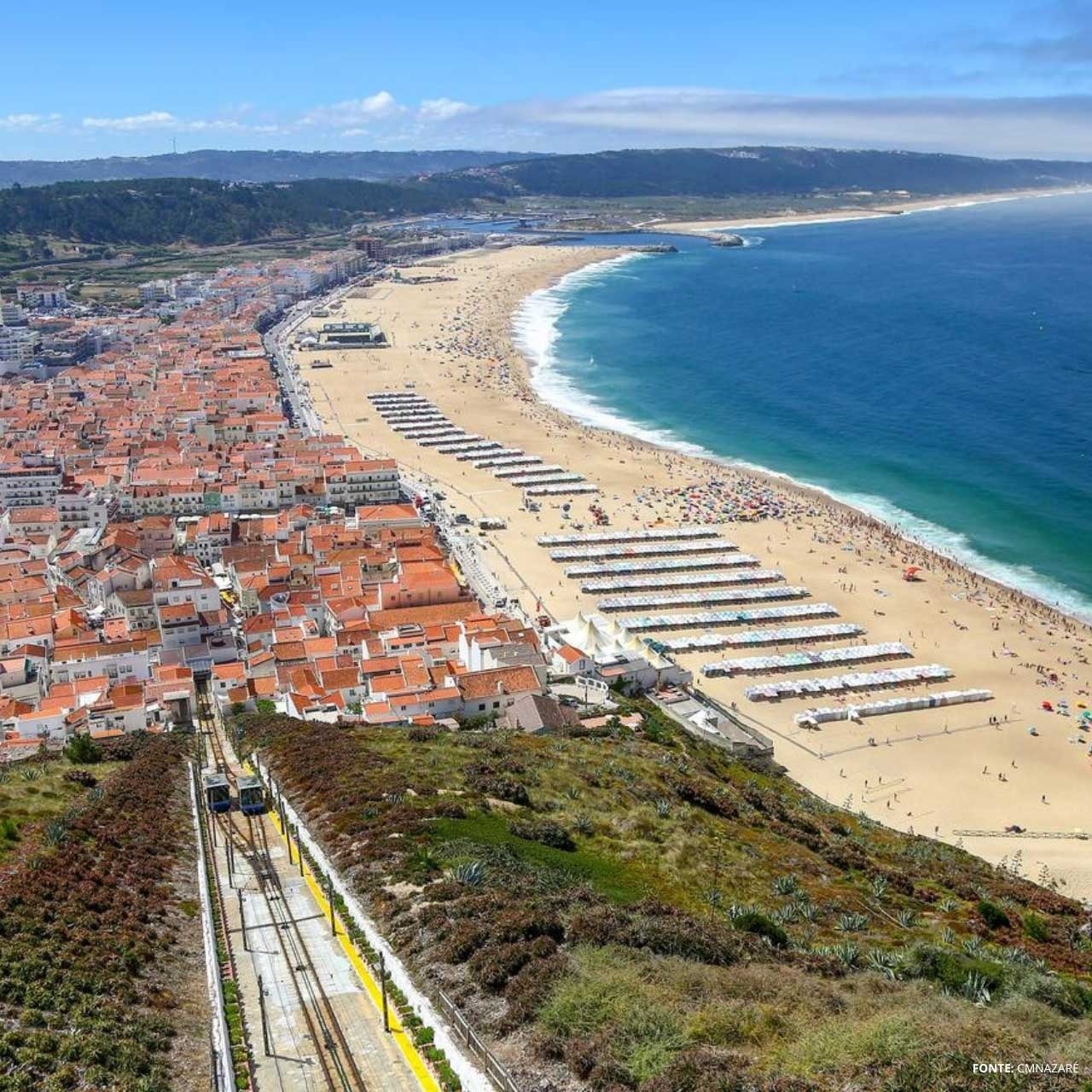 Funicular rumo ao Vale d'Azenha Hotel com vista para a praia e tendas.