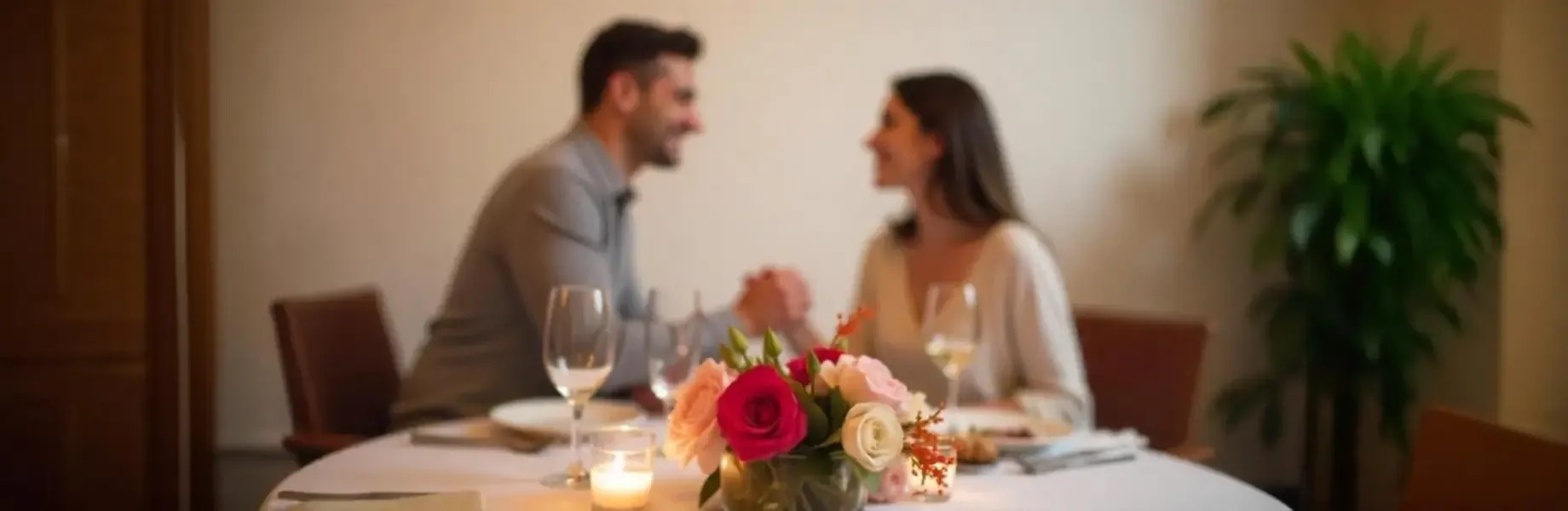 um homem e uma mulher estão sentados em uma mesa com taças de vinho e velas