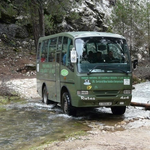 ein grüner Bus mit der Aufschrift rutas fährt durch einen Fluss