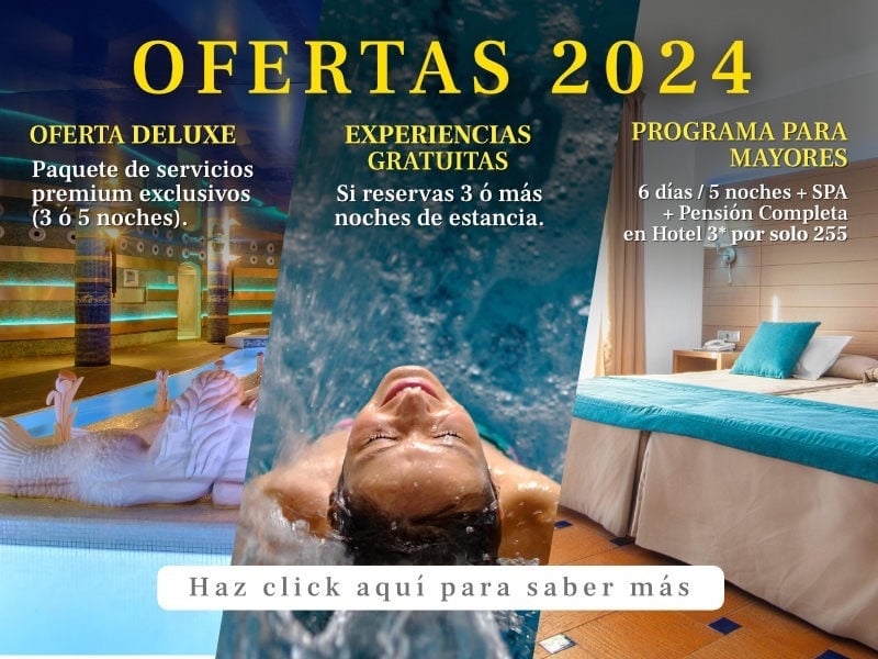 an advertisement for ofertas 2024 shows a woman in a jacuzzi and a hotel room