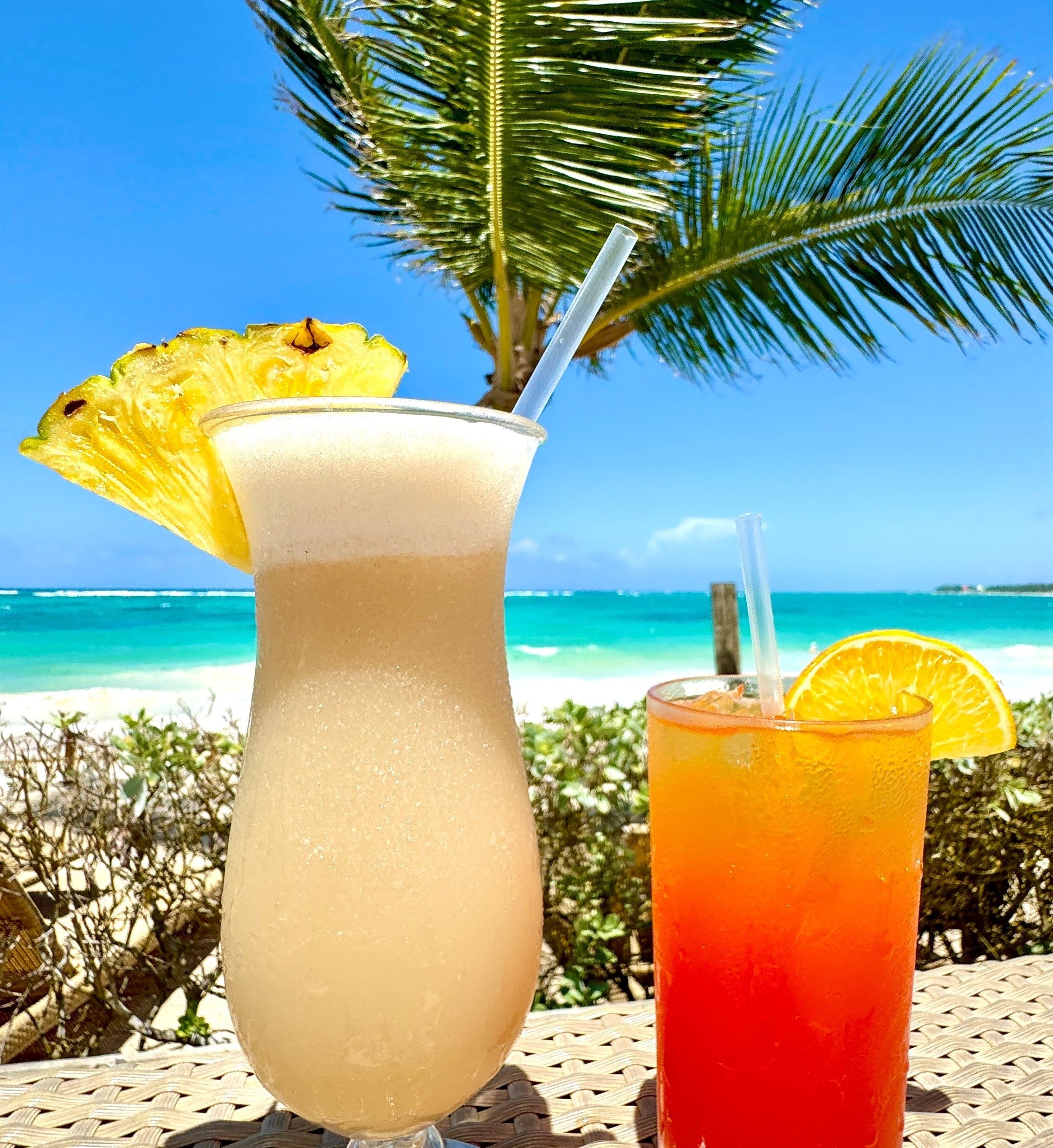 two drinks on a table with a palm tree in the background