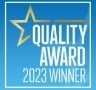 a quality award 2023 winner logo with a star on a blue background .