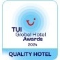 o logotipo do hotel de qualidade tui é azul e roxo .