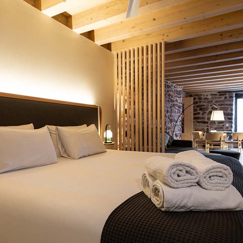 Cozy room in Apartamentos Vilafames Antic Palau with bed, sofa, and sitting area.