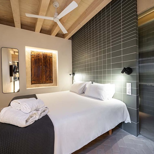 Cozy room in Apartamentos Vilafames Antic Palau with a double bed and glass shower.