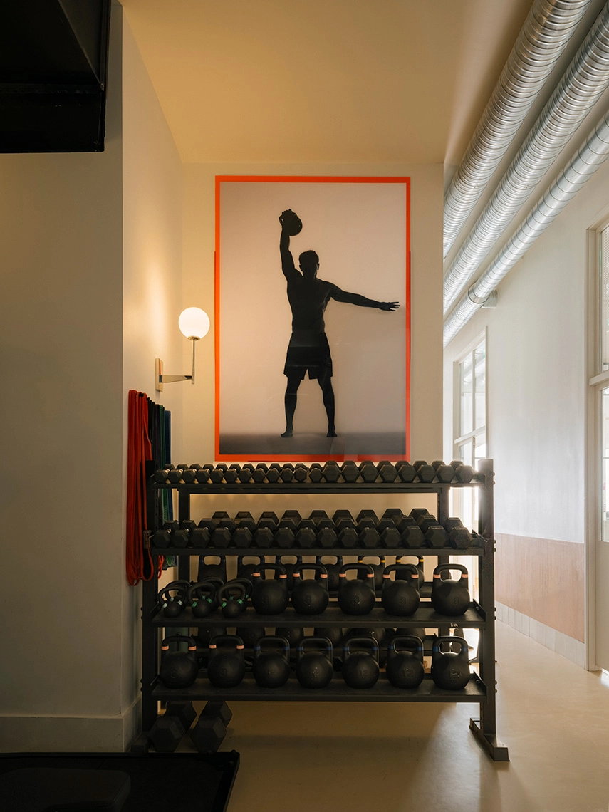 Gimnasio de hotel moderno con pesas y Kettlebells, obra de arte de un atleta Villa Dorothéa.