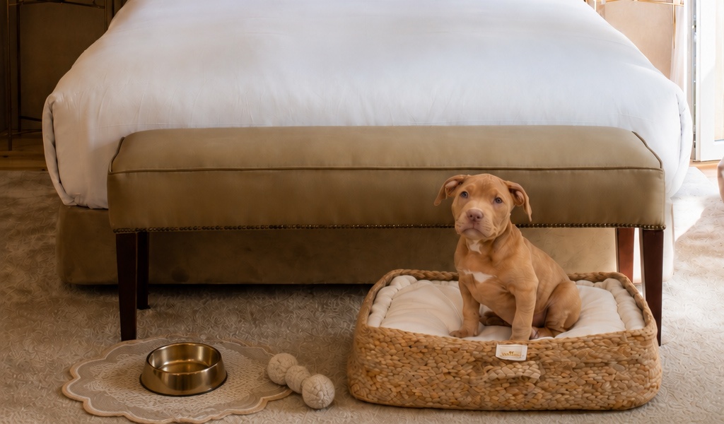 Villa Dorothea: filhote de pitbull em cama aconchegante ao lado de cama de casal luxuosa.
