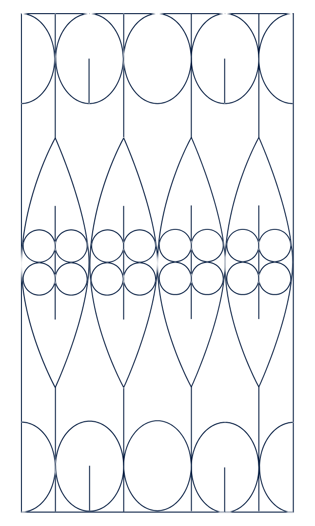 A imagem mostra um padrão decorativo geométrico em linhas azuis escuras sobre um fundo preto, com formas circulares e alongadas que se repetem simetricamente.