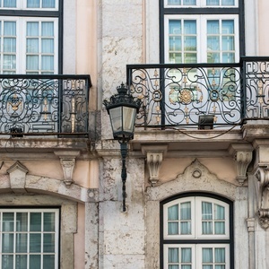 Ornate balconies and lamppost at Villa Dorothea.