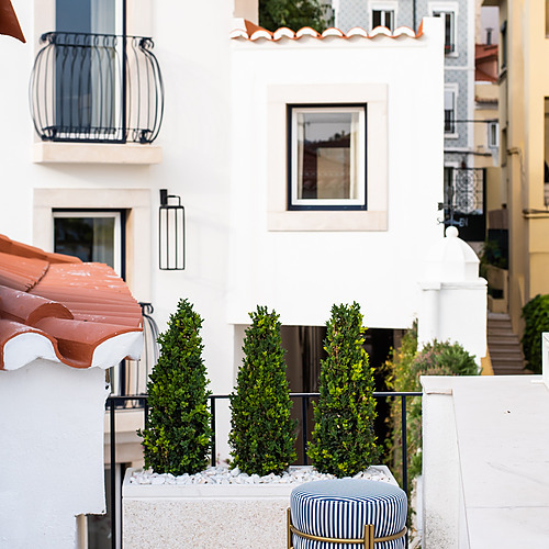 Villa Dorothea: Terraza moderna con otomanas a rayas y plantas topiarias.