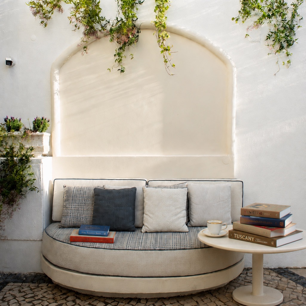 Sofá curvo na Villa Dorothea com almofadas, livros e xícara de café.