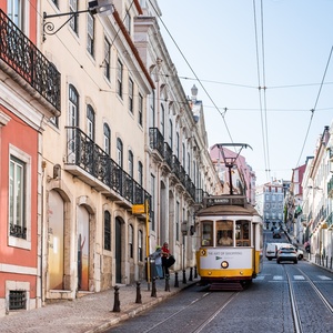 Vintage tram in Lisbon near Villa Dorothea hotel.