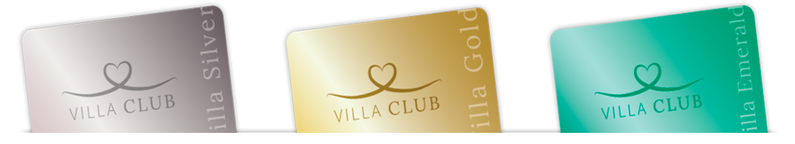 three different colored cards with the words villa club on them