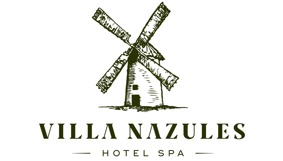 un logotipo para villa nazules hotel spa con un molino de viento