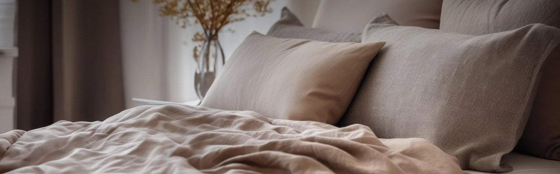 una cama llena de mantas y almohadas con un jarrón de flores en la pared