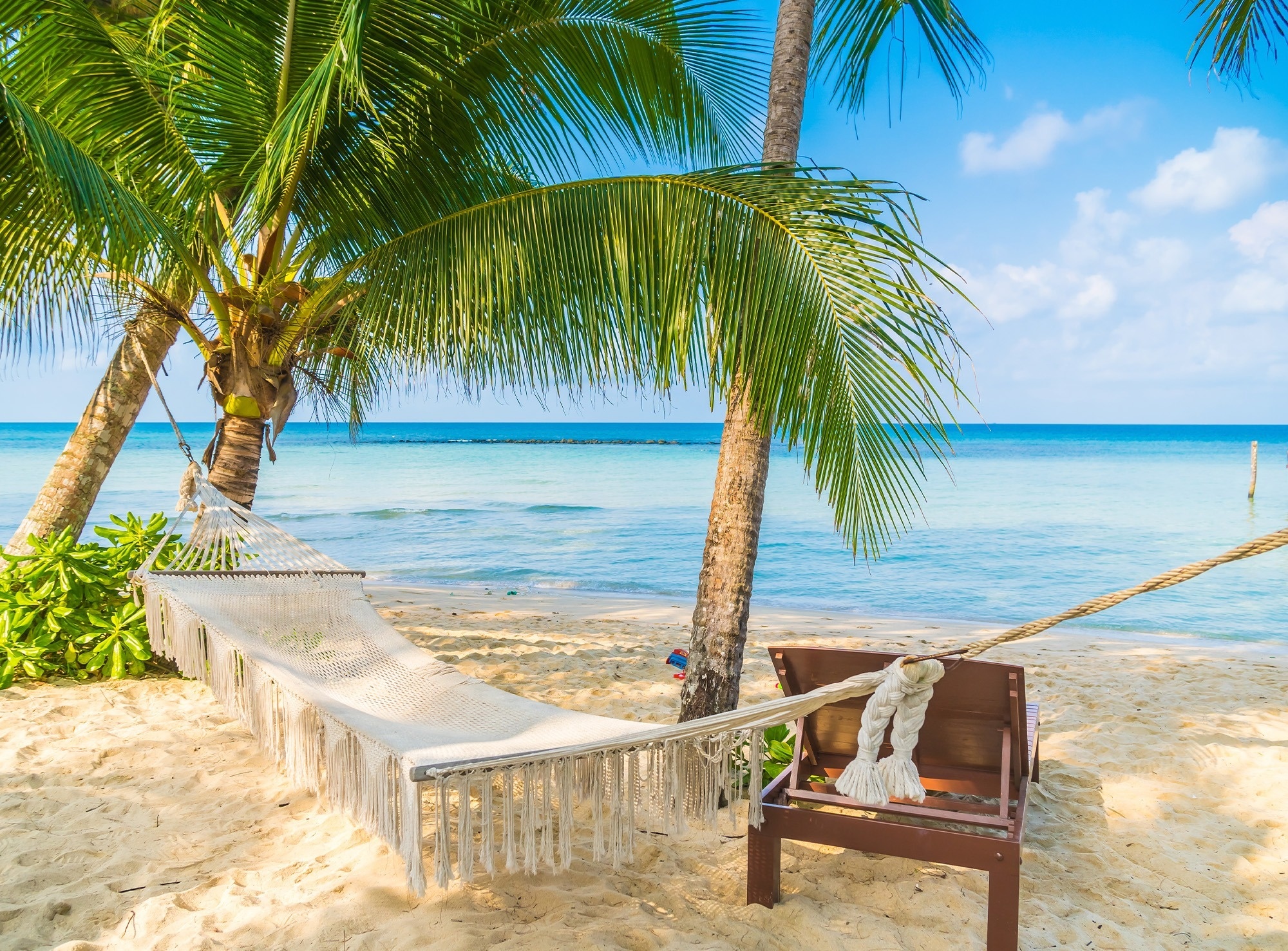 una hamaca y una silla en una playa tropical