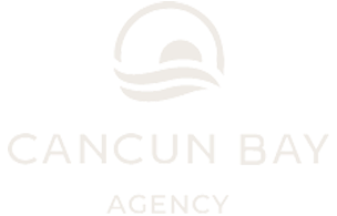 the cancun bay agency logo is white on a black background