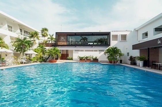 una gran piscina está rodeada de edificios blancos y palmeras .
