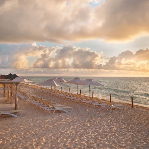 una playa llena de sillas y sombrillas al atardecer