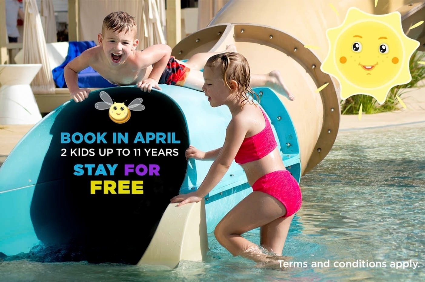 a boy and a girl playing in a pool with the words book in april 2 kids up to 11 years stay for free
