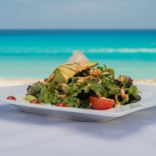 a salad with avocado and tomatoes on a white plate