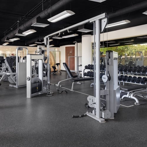 a gym filled with lots of exercise equipment and dumbbells