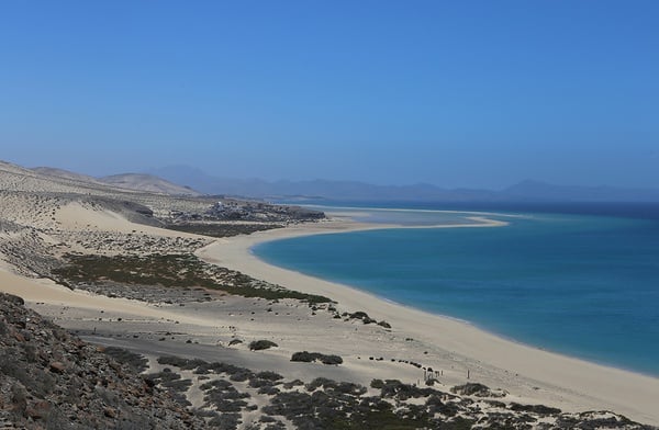 Une vaste dune de sable doré est balayée par le vent, menant à la mer turquoise sous un ciel clair.