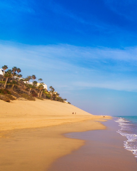 Des dunes de sable doré s'étendent jusqu'à l'océan sous un ciel bleu clair.
