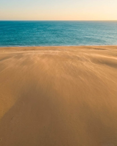 Une vaste dune de sable doré est balayée par le vent, menant à la mer turquoise sous un ciel clair.