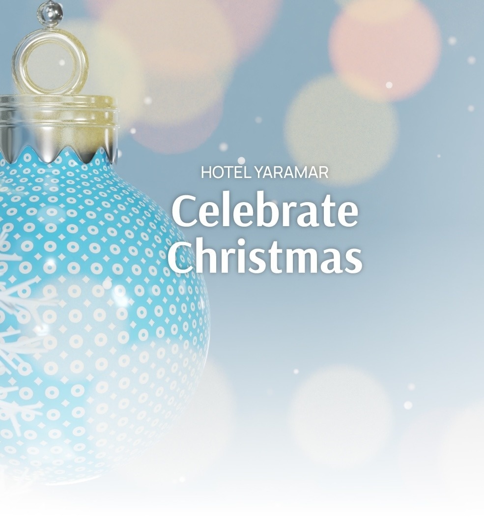 a place setting with plates and silverware and a poinsettia in the background