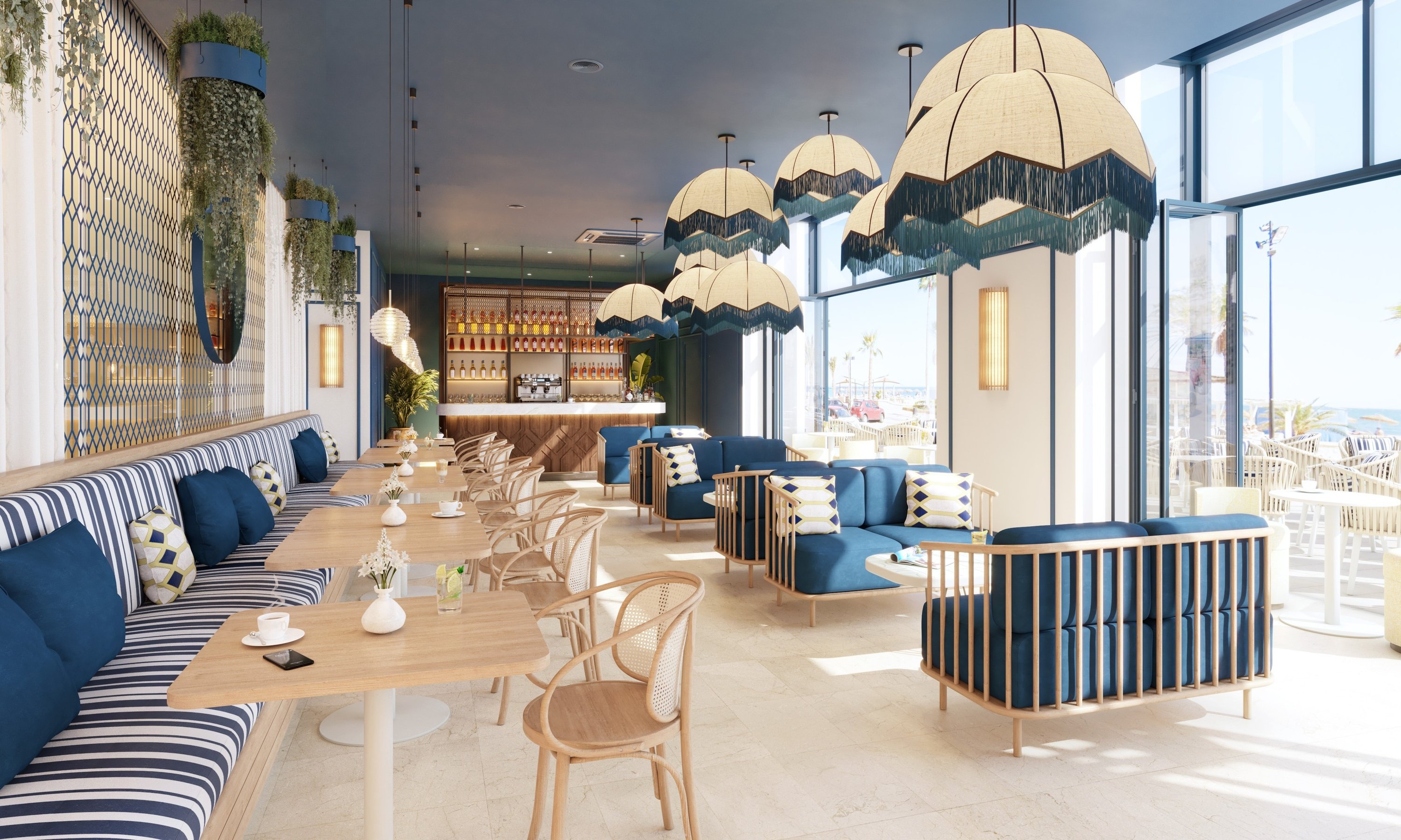 un restaurante con mesas y sillas azules y blancas