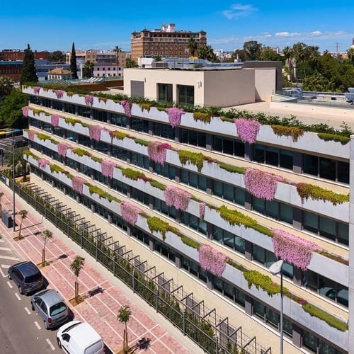Modern building with vertical gardens, perfect for stays at Ybarra Sevilla.