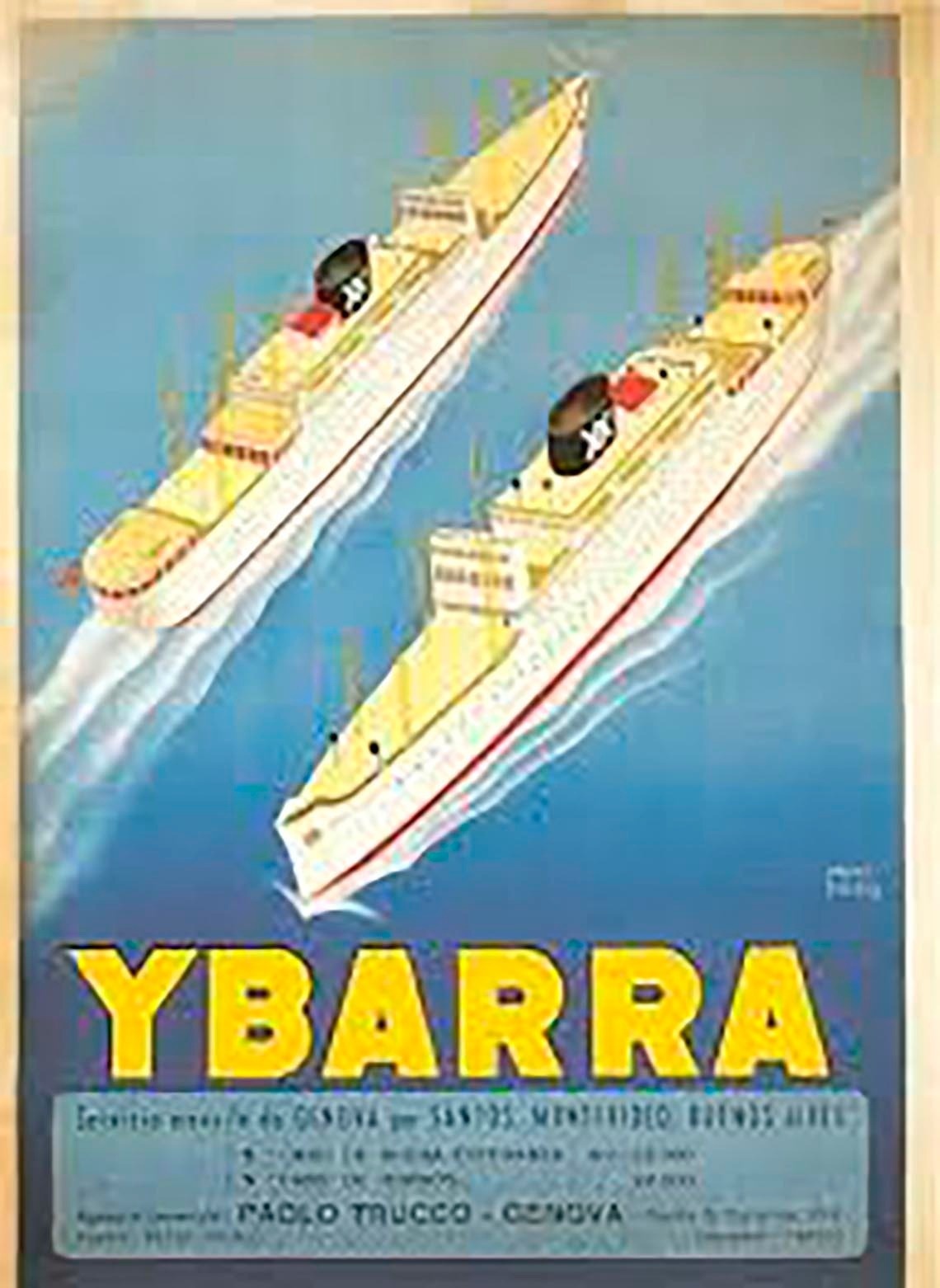 Un cartel vintage azul muestra dos buques de pasajeros navegando sobre el agua, con la palabra 